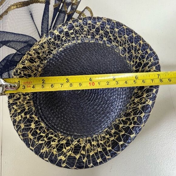 Vintage 80s Sylvia Church Lady Hat Navy Gold Metallic Mesh Netting Union Made US main image 7